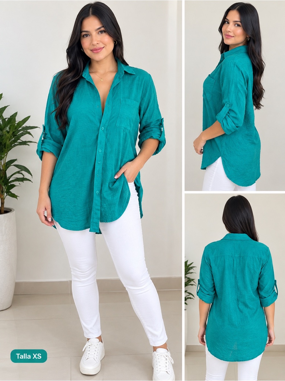 Women’s Teal Longline Button-Down Shirt - Casual Collared Top